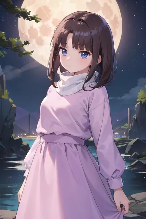 masterpiece, girl,****,tifax <lora:tifa-gundamx-v2-wasabiya_1:0.7>,night,outdoor,fullmoon,brown hair,blue eyes,pink dress,turtleneck,