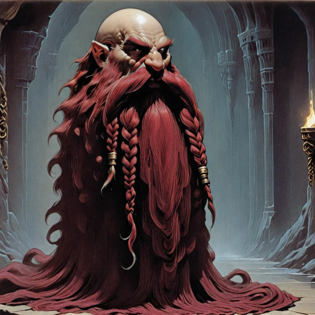 <lora:DnD_Grainyboyz SDXL Lora:1>DnD_Grainyboyz, grainy, noise, 1970âs dark fantasy book cover paper art dungeons and dragons style drawing,, ,ultra detailed, masterpiece, Harry_Dwarf, dwarf-like, flowing long Maroon beard, braided moustache,bald, bangles, <lora:Harry_Dwarf_1.5:1>, back lighting, beautiful lighting, castle interior
