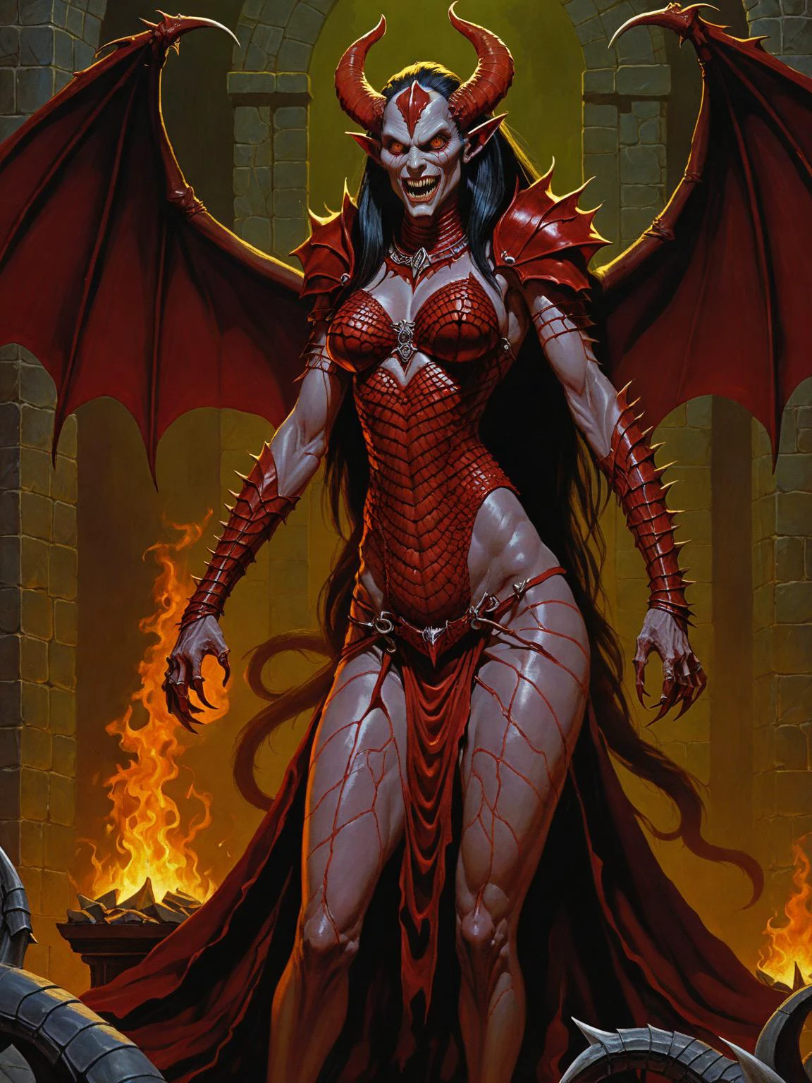breathtaking full body, full shot, a cruel demoness starring derisively at the viewer, <lora:DnD_Grainyboyz SDXL Lora:0.8> DnD_Grainyboyz, grainy, noise, 1970âs dark fantasy book cover paper art dungeons and dragons style drawing, <lora:Scaleborn_SDXL:0.7> scaleborn, scales, <lora:vampire fangs teeth 2:0.5> vampire fangs teeth <lora:breasts_slider_v2:5>, masterpiece, award-winning, professional, highly detailed, low key lighting