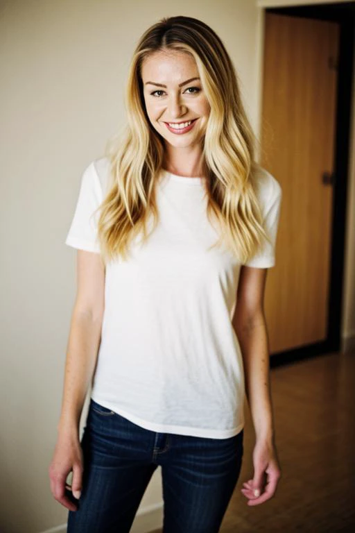 pdr, photograph, portia de rossi,Best quality, professional, studio shoot, A young woman with a carefree smile, wearing a simple t-shirt and jeans, gazes into the camera lens. Her hair is long and wavy, framing her face perfectly. She looks like she's just stepped out of bed or gotten home from a day at work. The simplicity of her outfit makes it clear that she values comfort over fashion.