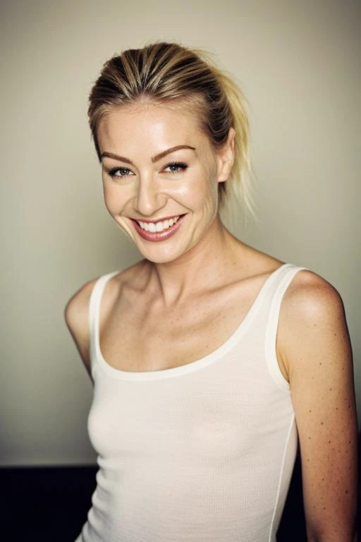 pdr, portia de rossi,Best quality, professional, studio shoot, Smiling, with her hair tied back in a ponytail, She seems to be enjoying the sunny day. Her eyes are sparkling and full of life, As she poses for this candid shot.