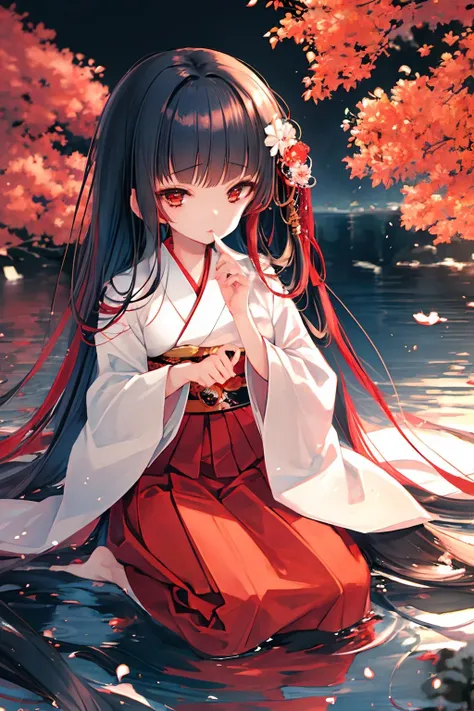 16k, highres, masterpiece, best quality, 
cinematic film still, 
1girl, kamishiki, sitting wooden floor, 
miko, japanese clothes, red skirt, hakama, obi, hair ornament, very long hair, black hair, blunt bangs, blunt ends, 
<lora:kamishiki-v1:0.8>, 
shallow depth of field, vignette, highly detailed, high budget, bokeh, cinemascope, moody, epic, gorgeous,
film grain, grainy,