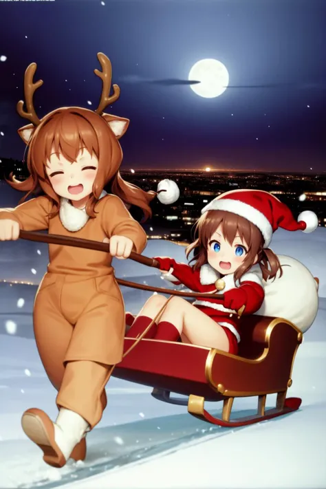 santa sleigh, 2girls, snow, flying, city, moon,  <lora:SantaSleighV10:1>, , highres, absurdres,