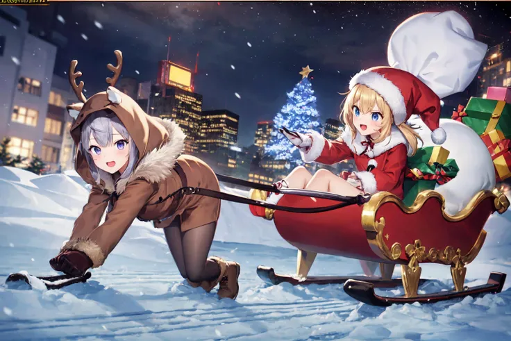 santa sleigh, 2girls, snow, rope, all fours,  <lora:SantaSleighV10:1>, , highres, absurdres,