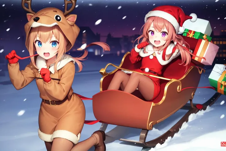santa sleigh, 2girls, snow, <lora:SantaSleighV10:1>, , highres, absurdres,