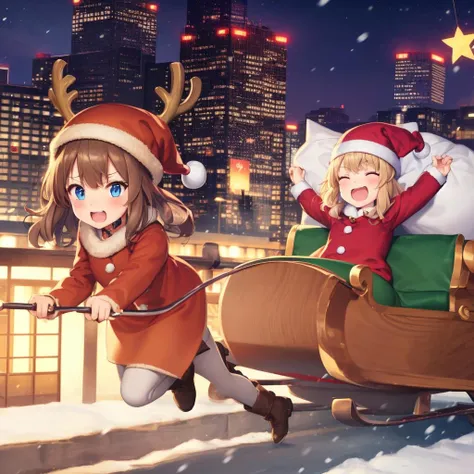 santa sleigh, 2girls, snow, flying, city, gift, sack,  <lora:SantaSleighV10:1>, , highres, absurdres,