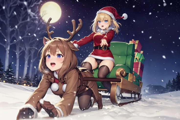 santa sleigh, 2girls, snow, leather, belt,  forest, outdoors, crawling, medium breasts, sitting, panties, gift,  <lora:SantaSleighV10:1>, , highres, absurdres,