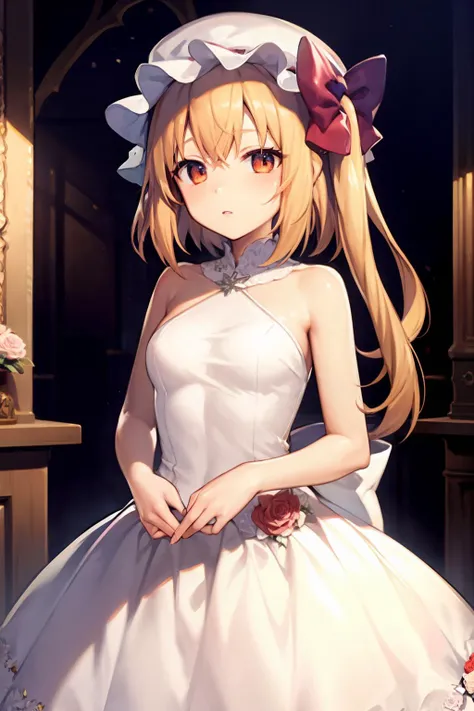 masterpiece, best quality, <lora:flandre:1>,1girl, blonde hair, mob cap, hair bow,long hair,wedding dress,