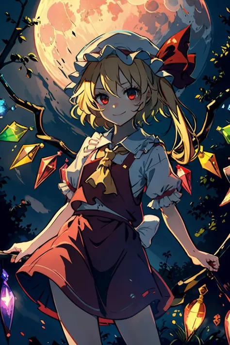 masterpiece, best quality, <lora:flandre:1>,1girl,night,big moon,flandre scarlet, mob cap, smile