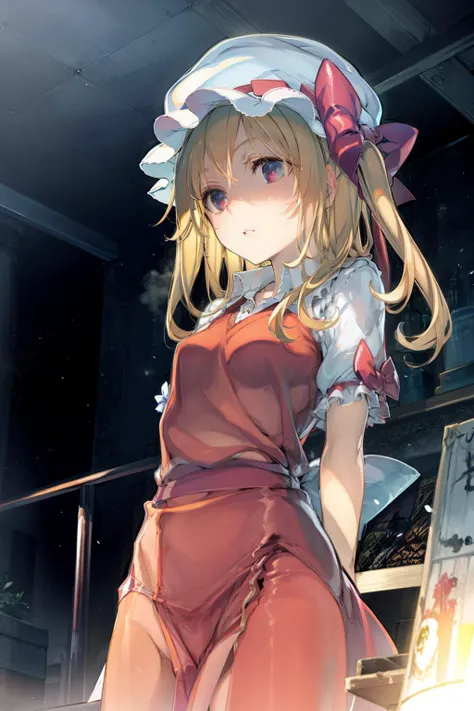 masterpiece, best quality, <lora:flandre:1>,1girl,mob cap, blonde hair, hair bow,side ponytail,