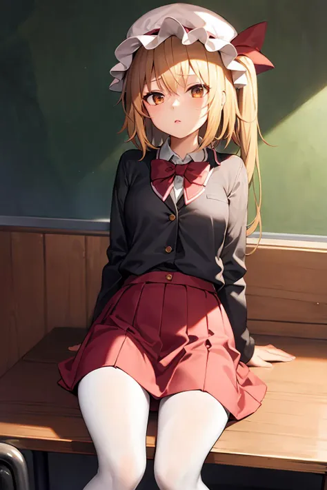 masterpiece, best quality, <lora:flandre:1>,1girl,mob cap, blonde hair, long hair,side ponytail, black school uniform, black jacket,red skirt,(white pantyhose:1.2),