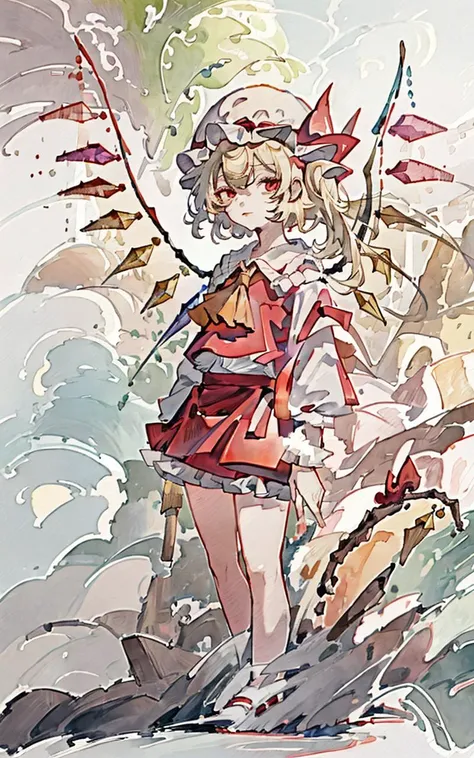 masterpiece, best quality, painting, pale color,
(watercolor painting:1.2), (shukezouma, negative space:1.5),
(MoXin, shuimobysim, ink wash, chinese ink painting:1.3),
one girl, pretty, (flandre scarlet:1.5),
intricate eyes, heavy eye makeup, blonde hair,mob cap,hair bow,bowtie,side ponytail,
wings, wings on back, short sleeves,vest,ascot
frills, bare calf, (standing, looking at viewer, body facing front, full body:1.2),
detailed background, night, moon, star, castle, bamboo, trees,
