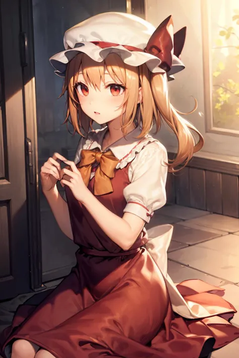 masterpiece, best quality,<lora:flandre:1>,1girl, mob cap, side ponytail, bowtie,