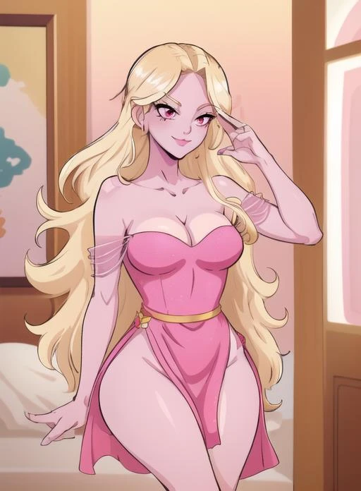 best quality, (masterpiece),(ultra-detailed), (high quality), (high resolution),<lora:afrodita:0.8>, 1girl, afrodita, blonde hair, cleavage, collarbone, colored skin, dlh, long hair, medium breasts, panties, pink dress, pink eyes, pink skin, smile, solo,