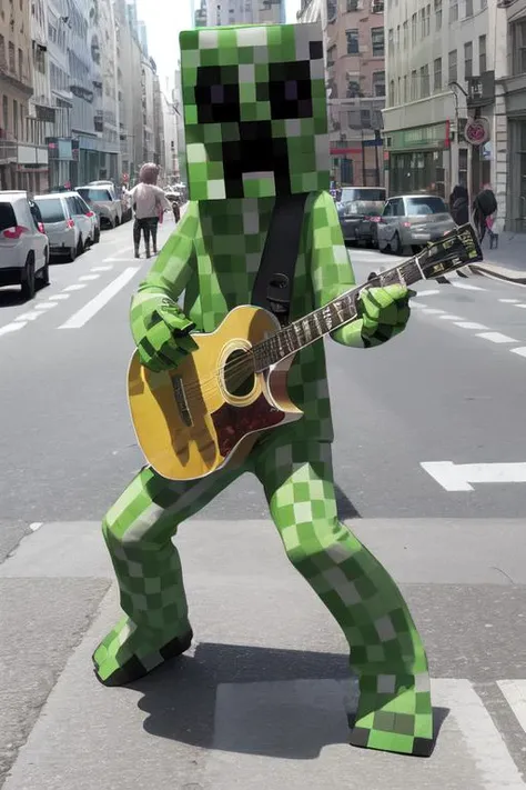 (creeper:1.1), busking on a street corner, guitar, new york street, high detail, sharp focus, full body, photorealistic, hdr, <lora:minecraftSeries_v10:1.3>
