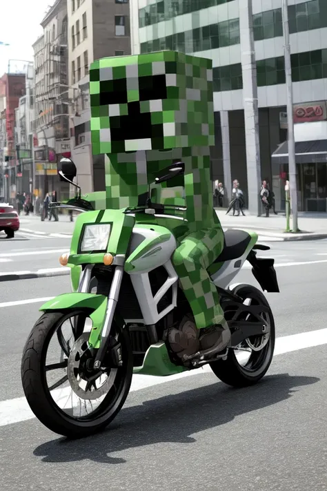 (creeper:1.1), riding motorcycle, new york street, high detail, sharp focus, full body, photorealistic, hdr, <lora:minecraftSeries_v10:1.3>