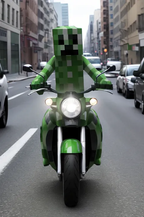 (creeper:1.1), riding motorcycle, new york street, high detail, sharp focus, full body, photorealistic, hdr, <lora:minecraftSeries_v10:1.3>