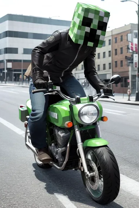 (creeper:1.1), riding motorcycle, new york street, high detail, sharp focus, full body, photorealistic, hdr, <lora:minecraftSeries_v10:1.3>