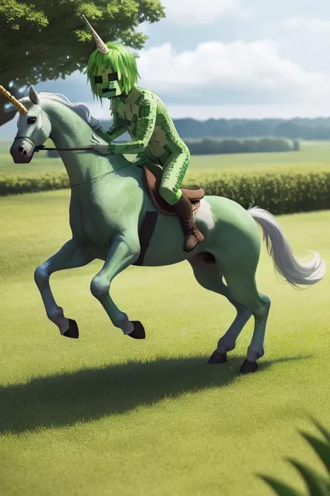 (creeper:1.1), riding unicorn, high detail, sharp focus, full body, photorealistic, hdr, <lora:minecraftSeries_v10:1.3>