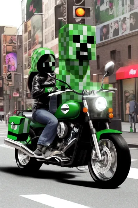 creeper, new york street, riding motorcycle, <lora:minecraftSeries_v10:1>