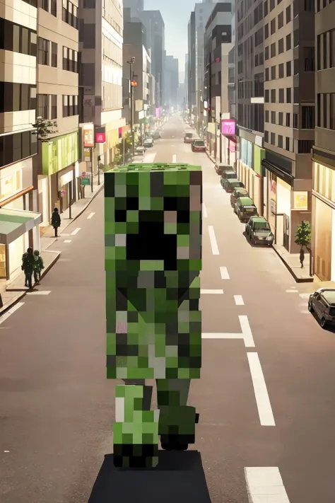 <lora:Creeper:1> creeper walking down a busy city street, high detail, sharp focus, full body, photorealistic, hdr
