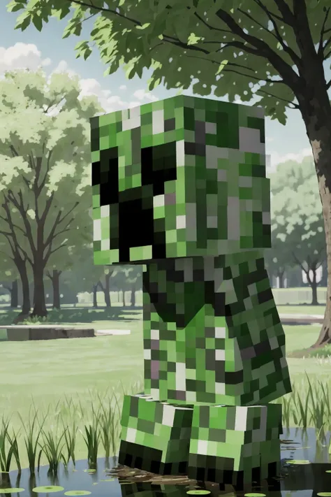 <lora:Creeper:1> creeper in a park looking at ducks in a pond, high detail, sharp focus, full body, photorealistic, hdr
