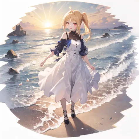 [(white background:1.5)::5], (bottle bottom:0.9), 1 girl,<lora:ijichiNijikaBocchiThe_v10a:1> , red eyes, side ponytail, sidelocks, bangsmid shot, full body, white dress, <lora:gachaSplashLORA_v40:0.6>, butterflies, floating petal, stone fragment, beautiful detailed water, cloud, sun, dusk, sunset, beautiful detailed cloud,ocean, sea waves, water splashes