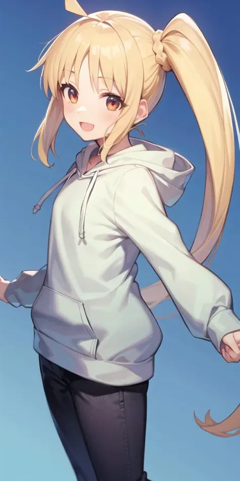 <lora:nijika_locon_v1c:0.8>,1girl, black pants, blue background, blush, hood, hood down, hoodie, long hair, looking at viewer, open mouth, pants, side ponytail, smile, solo, standing, white hoodie,