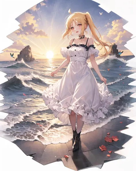 [(white background:1.5)::5], (bottle bottom:0.9), 1 girl,<lora:ijichiNijikaBocchiThe_v10a:1> , red eyes, side ponytail, sidelocks, bangsmid shot, full body, white dress, <lora:gachaSplashLORA_v40:0.6>, butterflies, floating petal, stone fragment, beautiful detailed water, cloud, sun, dusk, sunset, beautiful detailed cloud,ocean, sea waves, water splashes