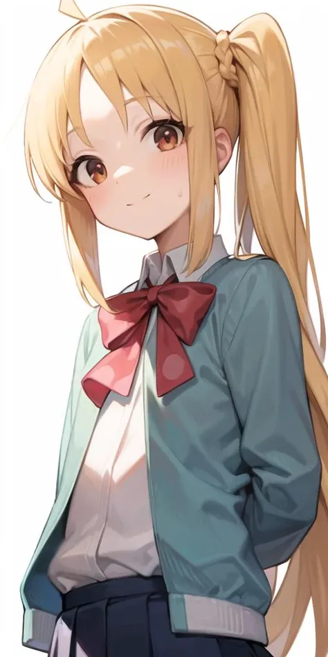 <lora:nijika_locon_v1c:0.8>,1girl, blush, bow, brown eyes, light blue jacket, long hair, long sleeves, looking at viewer, red bow, school uniform, shimokitazawa high school uniform, shirt, side ponytail, sidelocks, simple background, smile, solo, upper body, very long hair, white background, white shirt,arms behind back,