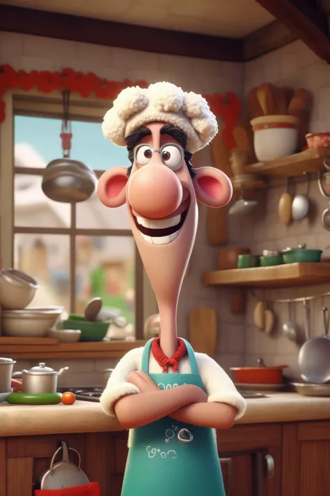 <lora:Aardman Animations Style:1>Aardman Animations Style - smilimg a man in his 40s wearing a cute sheep character hat and an apron with a kitchen in the background.