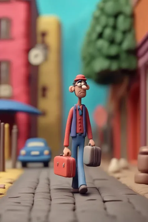 <lora:Aardman Animations Style:1>Aardman Animations Style - plasticine, a sad man walks down the street to work with a suitcase in his hands, full body character CLAYMATION