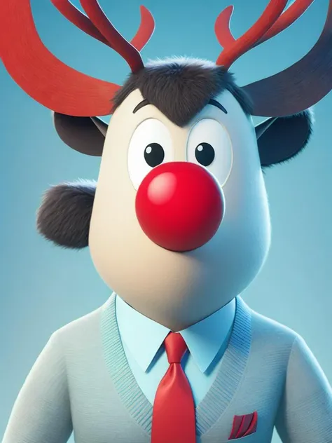 <lora:AardmanAnimations:1>a cartoon character dressed in a sweater and tie with a red nose and antlers on his head by Aardman Animations
