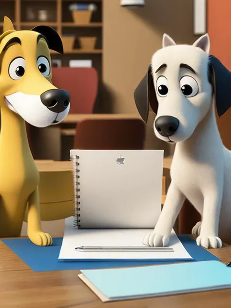 <lora:AardmanAnimations:1>a couple of cartoon dogs sitting next to each other at a table with a pen and paper by Aardman Animations