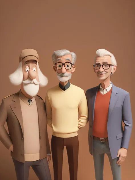 <lora:AardmanAnimations:1>a group of three older men standing next to each other in front of a brown background by Aardman Animations