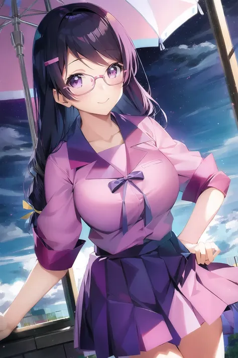 (anime, tone mapped:1.2),
1girl,  hanekawa tsubasa, naoetsu high school uniform, pink shirt, purple skirt, 
night, to8contrast style,
(symmetric), (exceptional, best aesthetic, new, newest, best quality, masterpiece, extremely detailed:1.2)