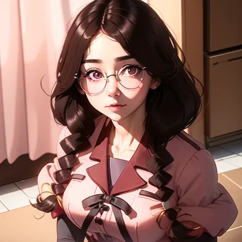 a woman, <lora:hanekawaTsubasa_v10:1>, closeup,
brown haired,ligtht pink school uniform,skirt,
glasses,
realistic, hyperrealistic,soft shadows,
