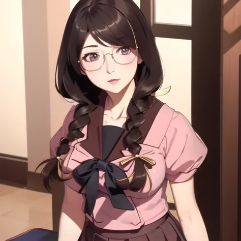 a woman, <lora:hanekawaTsubasa_v10:1>, closeup,hanekawashorthair,
brown haired,ligtht pink school uniform,skirt,
glasses,
realistic, hyperrealistic,soft shadows,