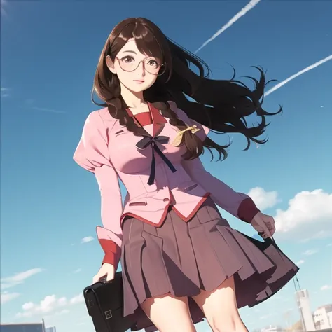 a woman, <lora:hanekawaTsubasa_v10:1>, closeup,
brown haired,ligtht pink school uniform,skirt,
glasses,
realistic, hyperrealistic,soft shadows,