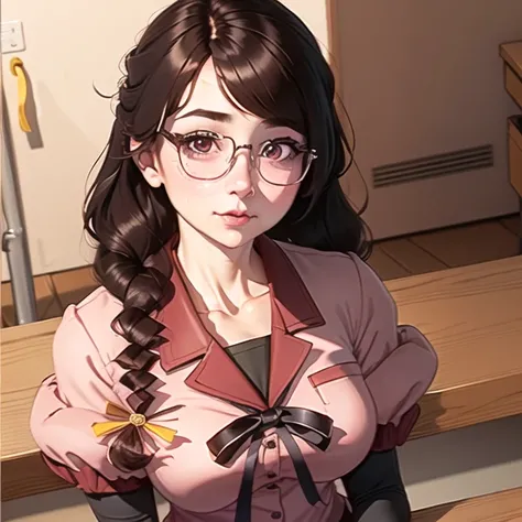 a woman, <lora:hanekawaTsubasa_v10:1>, closeup,hanekawashorthair,

brown haired,ligtht pink school uniform,skirt,
glasses,

realistic, hyperrealistic,soft shadows,
