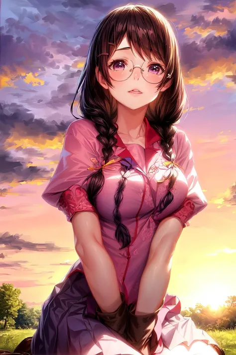 ultra realistic 8k cg, masterpiece, ((ultra detailed background, delicate pattern, intricate detail)), (highly detailed, fine details), best quality, 1girl, (photorealistic:1.4),beautiful lighting, absurdres, RAW photo, film grain, 1girl, solo, hanekawa tsubasa, (medium breasts, slim girl, petite girl, black hair, twin braids, long hair, brown footwear, glasses, hairclip, naoetsu high school uniform, pink uniform, purple skirt) <lora:DetailTweaker:1>, <lora:Hanekawa:1>, ( school yard, grass, sunset, complex detailed background), paw pose, <lora:BetterHands:0.6>
