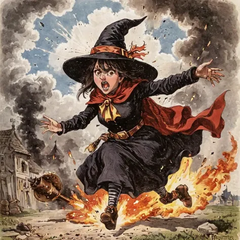 megumin wearing a witch hat and causing an explosion,art by llbreton, <lora:LLbretonXL-000004:1>