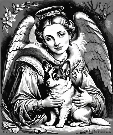 an angel holding a welsh corgi,monochrome,grayscale,art by llbreton, <lora:LLBretonXL2:1>