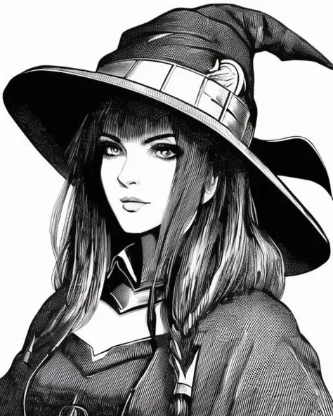 1girl,solo,megumin,witch hat,greyscale,monochrome,art by llbreton, <lora:LLBreton15Recent:1>