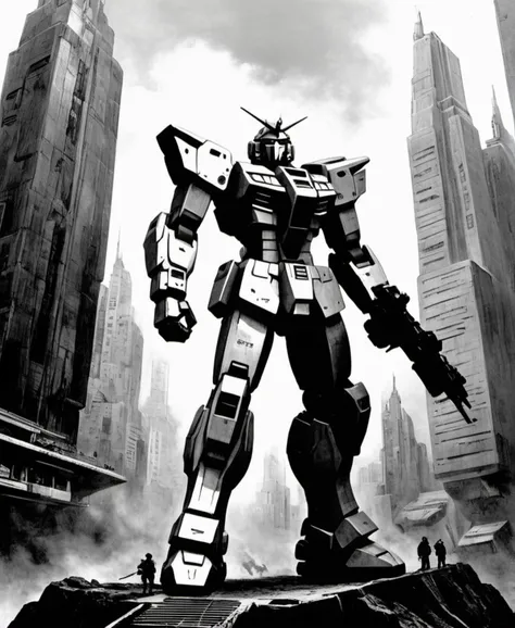 a gundam in a futuristic city,greyscale,monochrome,art by llbreton, <lora:LLBretonXLRecent:0.8>
