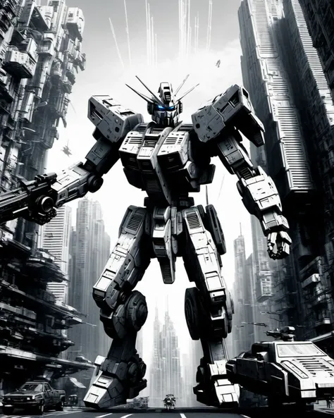 a gundam flying through a futuristic city,cyberpunk,intricate machinery,grayscale,monochrome,art by llbreton, <lora:LLbretonXL-000004:0.6>