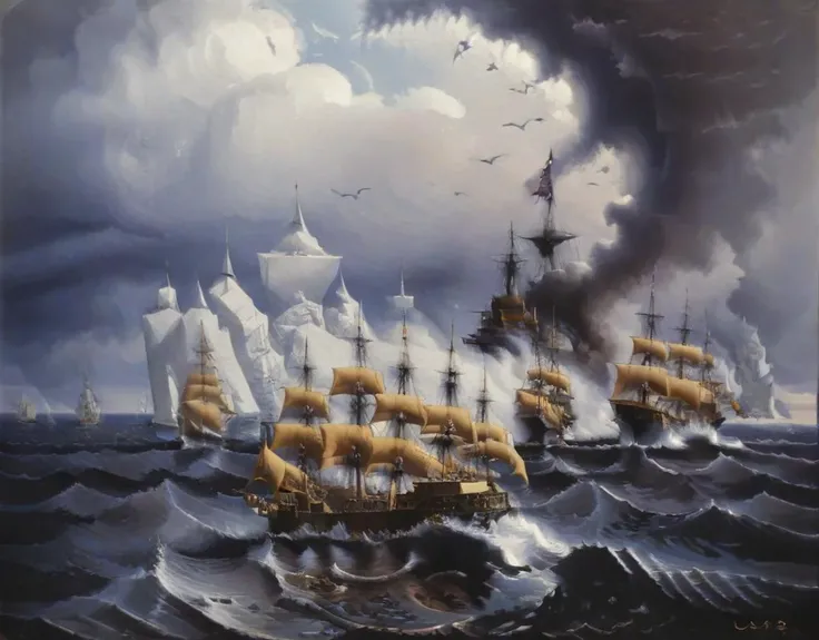 a battleship at sea, art by llbreton, <lora:LLbreton_V3:1>