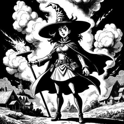 megumin wearing a witch hat and standing in front of an explosion,monochrome,art by llbreton, <lora:LLBretonXLRecent:0.8>