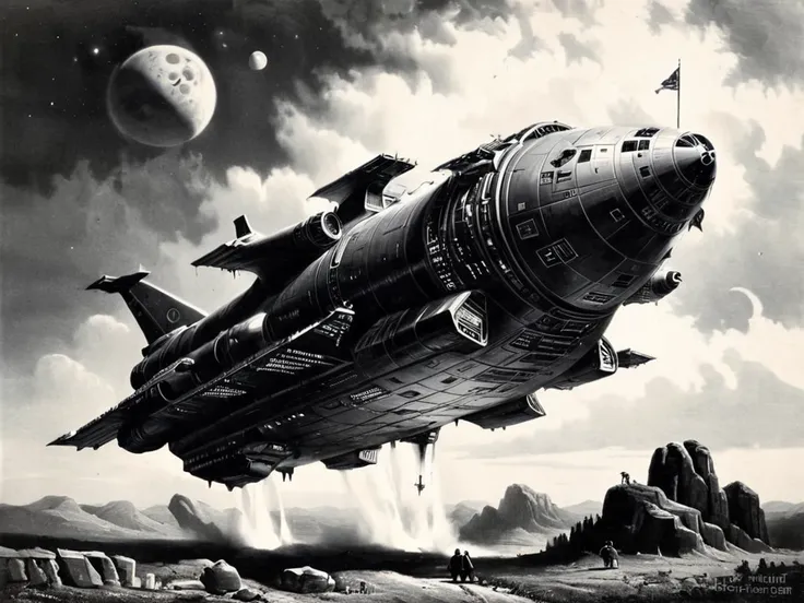 a spaceship,grayscale,monochrome,art by llbreton, <lora:LLBretonXL2:1>