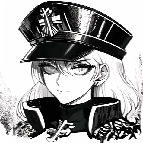 solo,female focus,portrait of tanya degurechaff,greyscale,military hat, llbreton, <lora:LLBreton15V3:1>